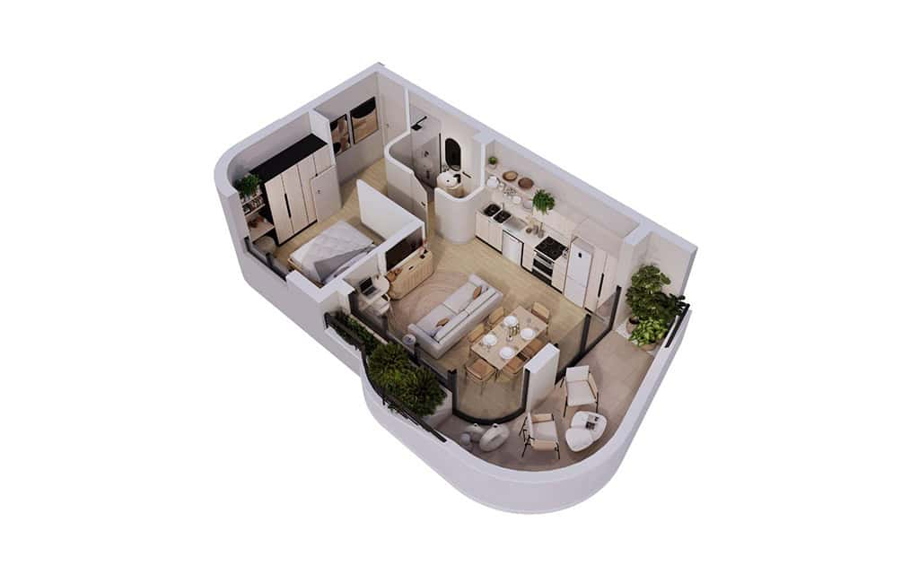 Kompakt-1-Zimmer – 3D-Grundriss