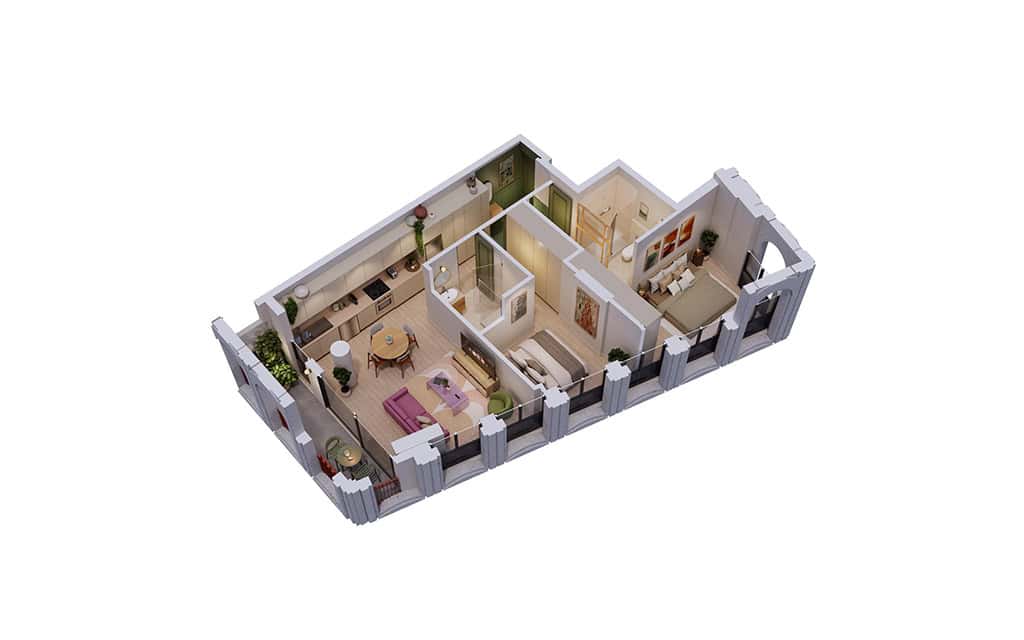 2-Zimmer-Apartment – 3D-Grundriss