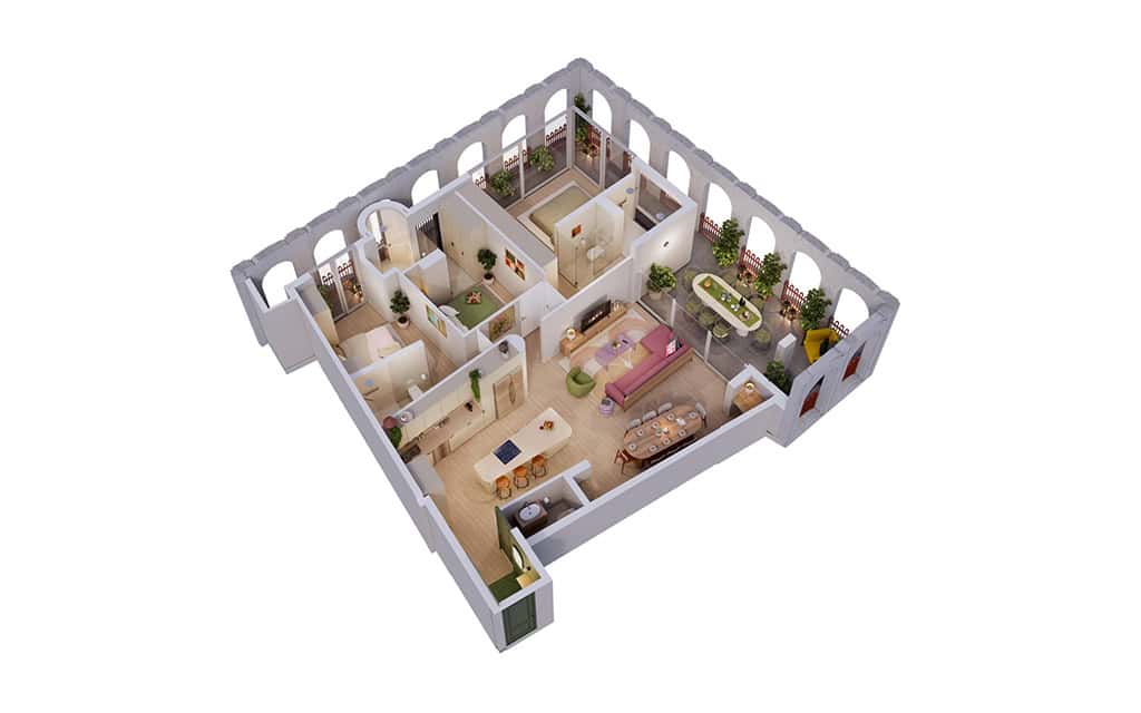3-Zimmer-Apartment – 3D-Grundriss